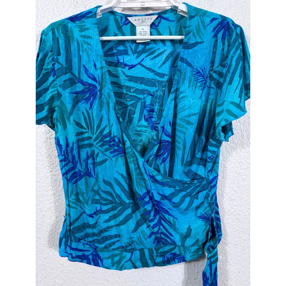Outfit JPR Wrap Style Top Womens Medium‎ Blue Vintage Tropical Rayon Hawaiian